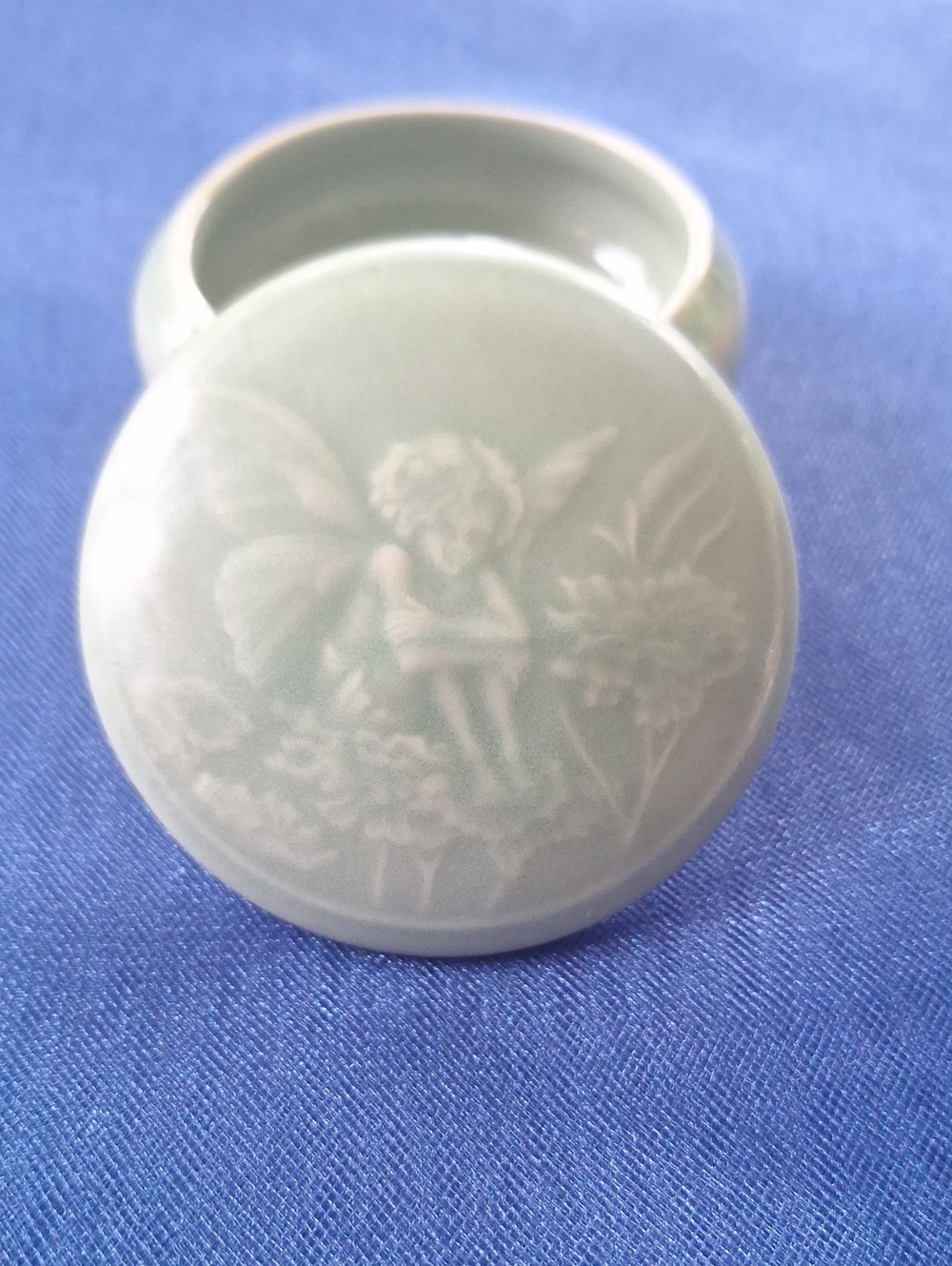 Celadon Green Porcelain Trinket Box with Fairy